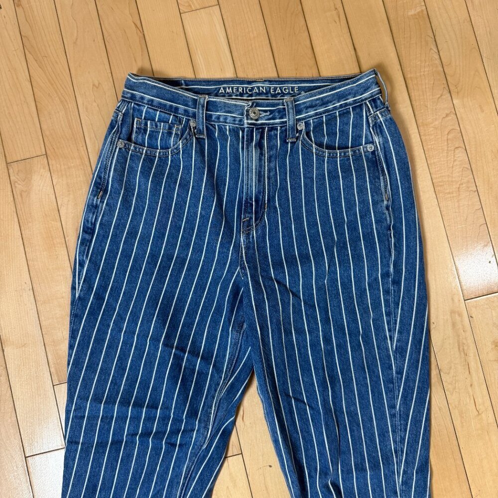 American Eagle Blue Pinstripe High Rise Straight Leg Mom Jeans Women’s Size 4 - Picture 4 of 11